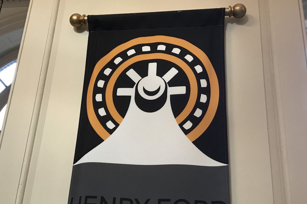 An image of a turbine used in the Monroe Street Dam in Spokane, seen on Jan. 2, 2024, is part of the logo for the Henry Ford Museum of American Innovation in Dearborn, Michigan. The turbine has been on display at the museum for about 30 years since it was replaced at the dam.  (Jonathan Brunt/The Spokesman-Review)