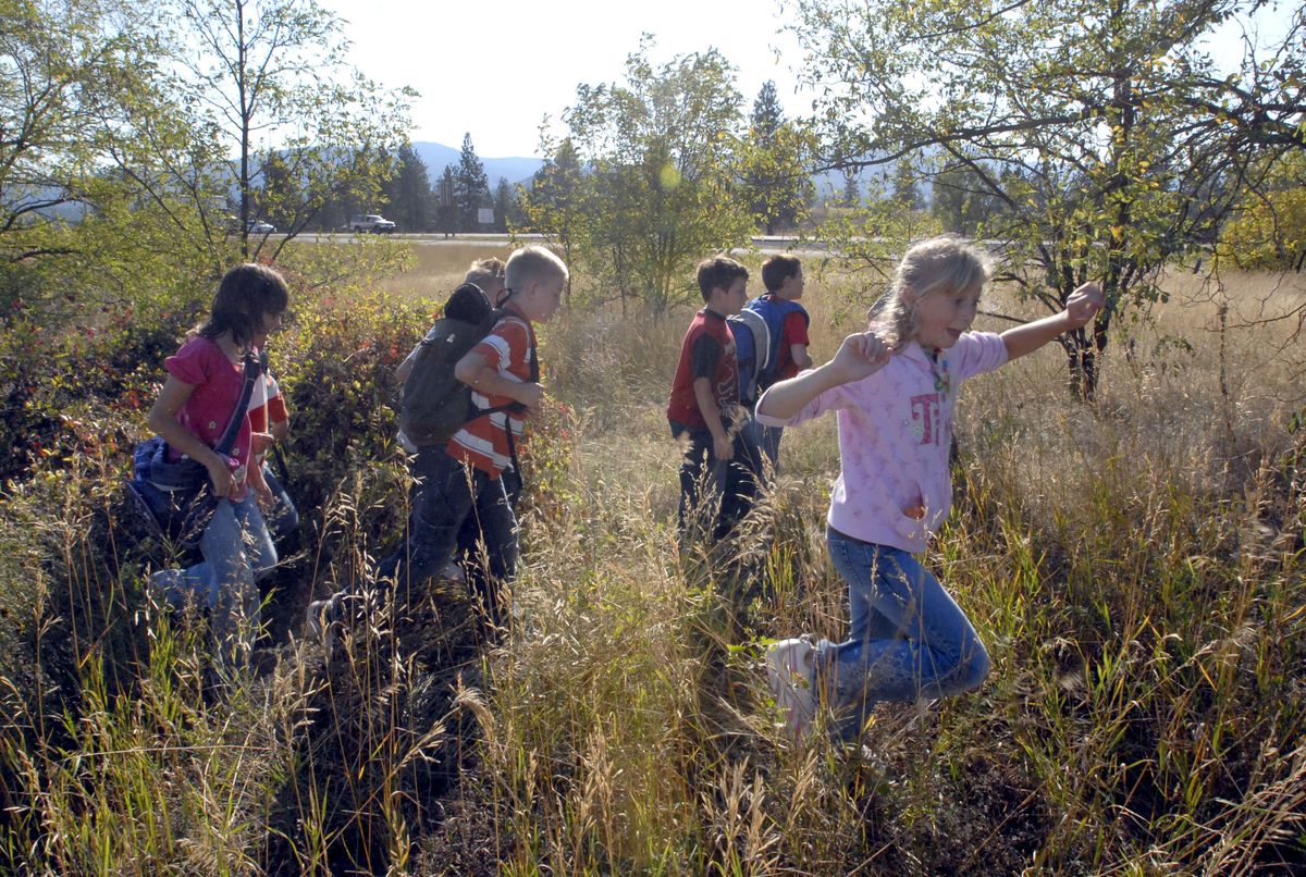 Fourth-graders from East Farms Elementary fan out in a field near Stateline looking for their geocache owl named Wisdom. Donna Simon’s social studies class is studying the state of Washington and learning about the cities, towns and geography. The students are using geocaching as a method to learn about the state. (Photos by J. BART RAYNIAK / The Spokesman-Review)