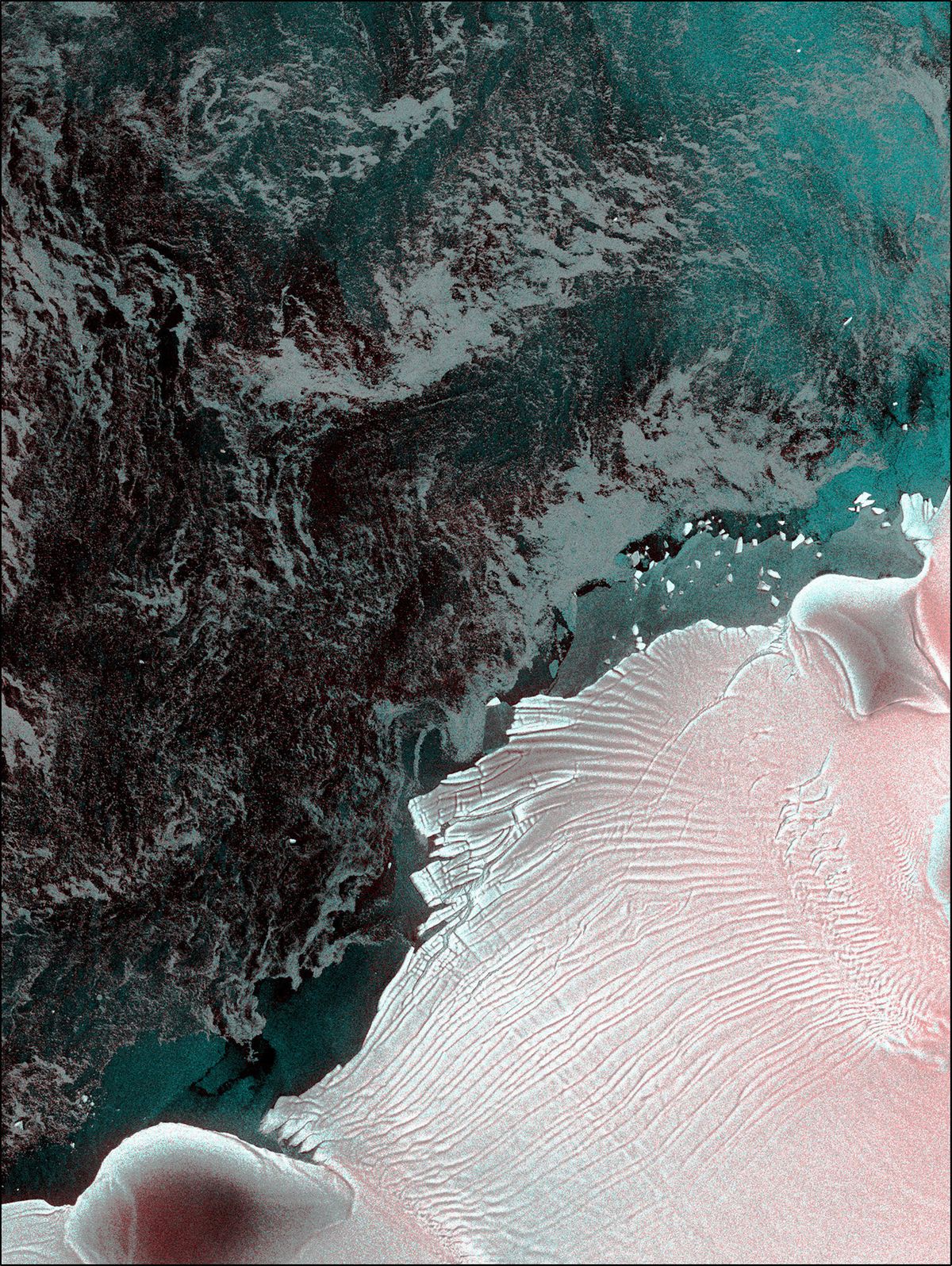 The highly fractured frontal margin of the Fimbul Ice Shelf in east Antarctica, and sea ice offshore.  (Copernicus EU/ESA/Handout)