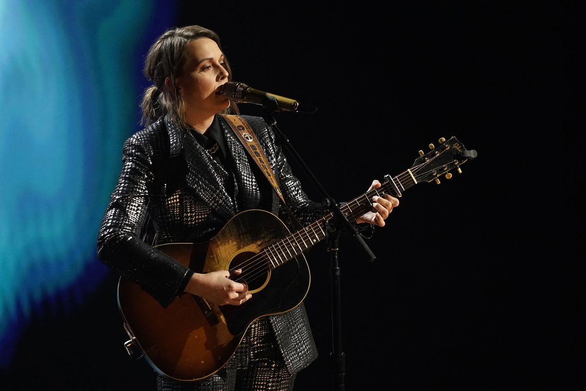 Brandi Carlile performs during the “In Memoriam” section of the 2021 Grammy Awards at the Los Angeles Convention Center.  (Chris Pizzello/Associated Press)