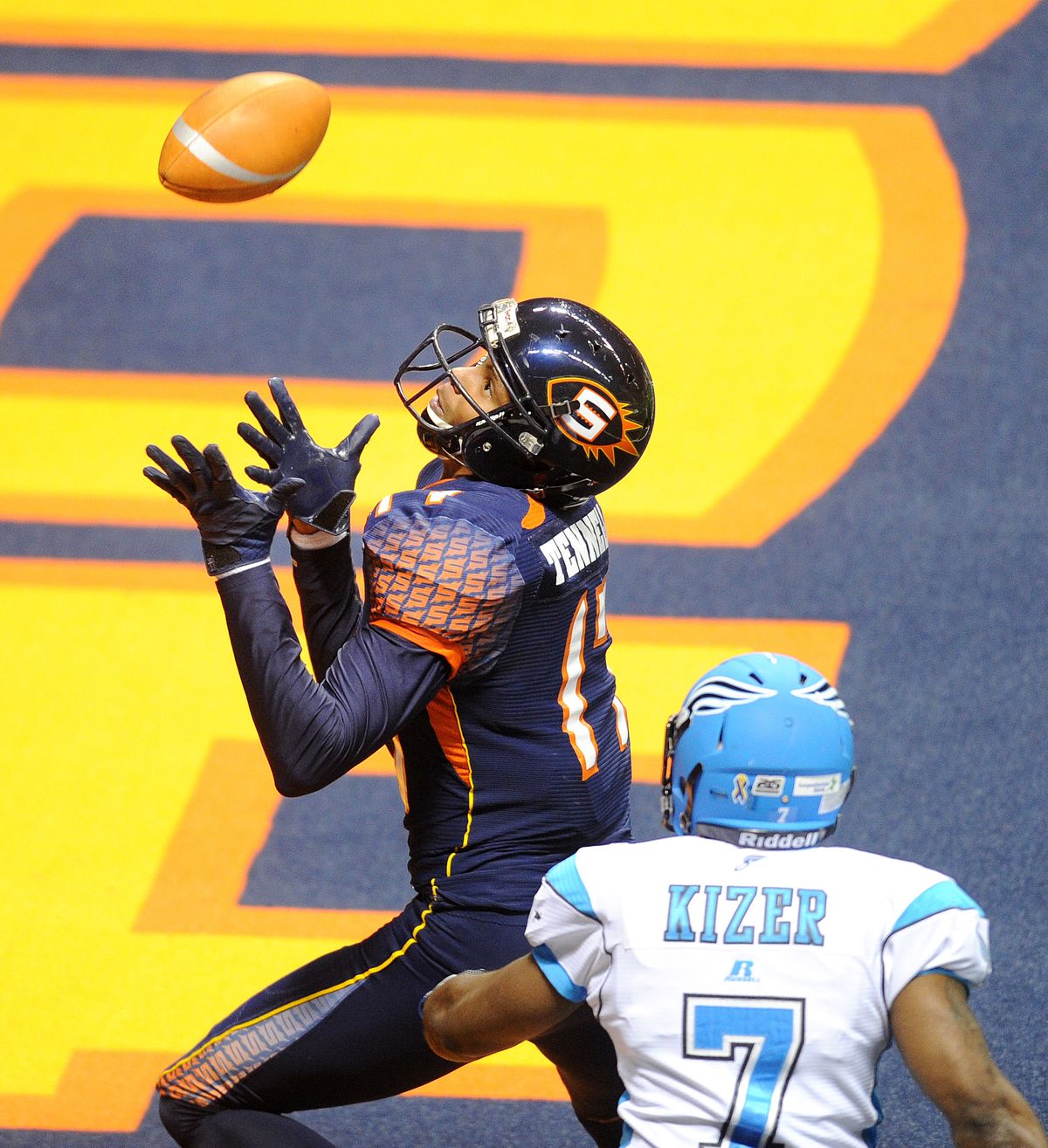 Spokane Shock receiver Adron Tennell hauls in one of his five touchdown receptions on Friday night. (Tyler Tjomsland)