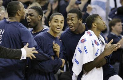 
Nevada players react with relief and joy near the end of overtime during their 77-71 win over Creighton in a first-round game Friday at New Orleans. 
 (Associated Press / The Spokesman-Review)
