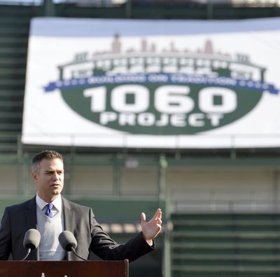 Chicago Cubs president, baseball operations, Theo Epstein speaks at Wrigley Field. (Associated Press)
