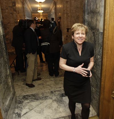 Senate Majority Leader Lisa Brown, D-Spokane, arrives at Gov. Chris Gregoire’s office Tuesday to take part in ongoing budget negotiations in Olympia. (Associated Press)