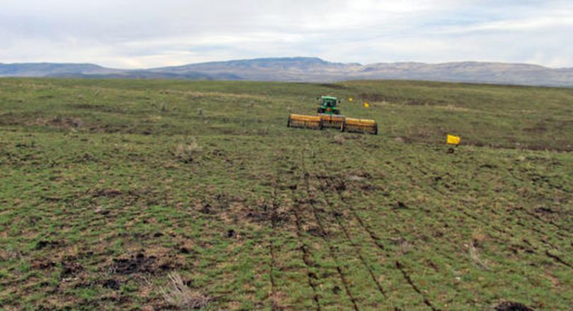 In this 2015 photo, a rangeland drill reseeds an area burned by the Soda Fire in southwest Idaho. The federal government's 5-year, $67 million rehabilitation effort following a rangeland wildfire in southwest Idaho and southeast Oregon is entering its second year with another round of herbicide applications combined with plantings of native species.  (AP/File / BLM)