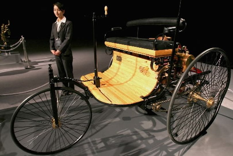 A replica of the first car made by Karl Benz in 1886 is displayed during the 