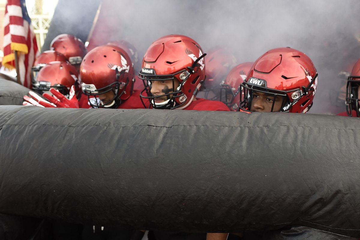 Eastern Washington prepares to run out onto the field before a game against Northern Colorado on Saturday, Oct. 12, 2019, at Roos Field in Cheney, Wash. (James Snook / For the Spokesman-Review)