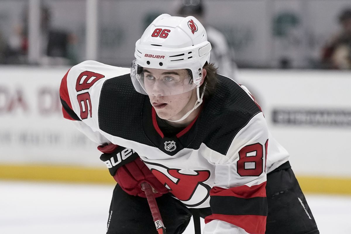 New Jersey Devils center Jack Hughes, then an 18-year-old rookie, waits for the puck to drop in a game against the Anaheim Ducks last March.  (Chris Carlson)