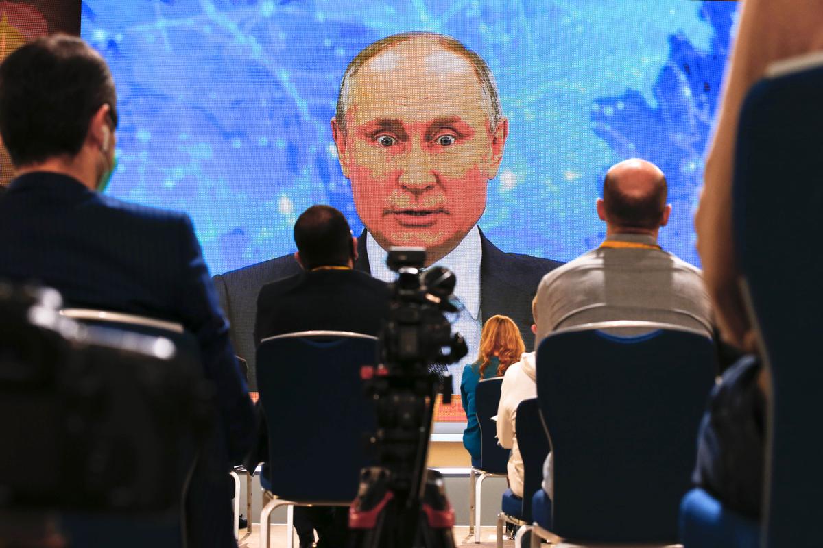 Russian President Vladimir Putin speaks via video call during a news conference in Moscow, Russia, Thursday, Dec. 17, 2020. This year, Putin attended his annual news conference online due to the coronavirus pandemic.  (Alexander Zemlianichenko)