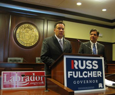 Russ Fulcher, left, announces that 1st District Congressman Raul Labrador, right, is endorsing Fulcher in his run against Idaho Gov. Butch Otter. (Betsy Russell)