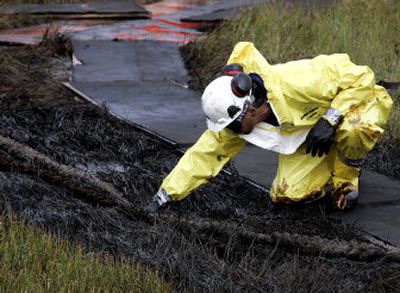 
A worker uses a rope mop to clean up oil in tundra grass from a leak from an oil transit line at the Prudhoe Bay oil field on Alaska's North Slope. Early tests show that oil-eating bacteria may have caused the corrosion in oil transit pipelines.  
 (Associated Press / The Spokesman-Review)