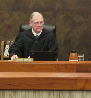 Idaho Supreme Court Justice Daniel Eismann presides over an appeal hearing in a murder case on Monday, April 24, in the court’s chambers in Boise. (Betsy Z. Russell)