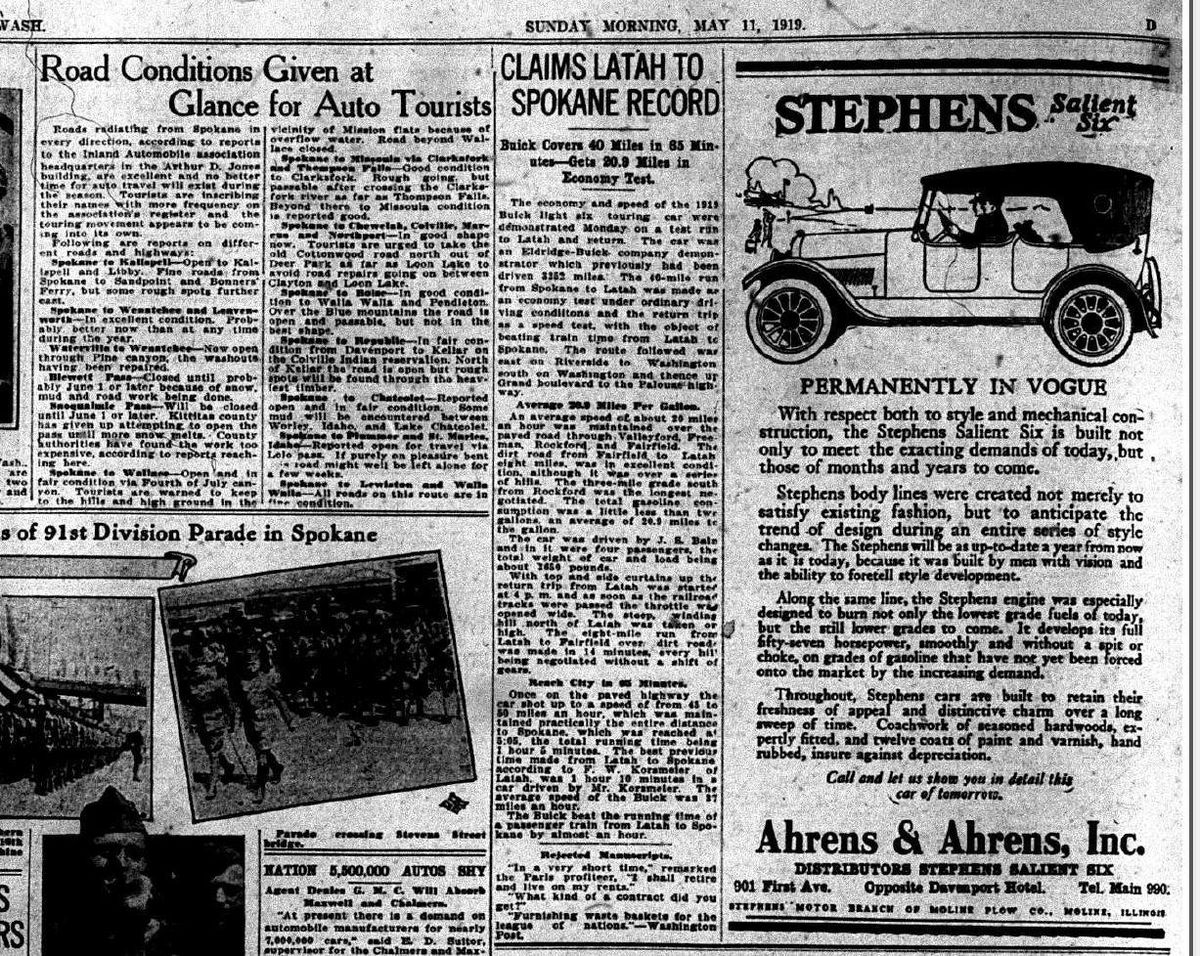 The Spokesman-Review reported on May 11, 1919 that Joseph S. Bain had broken the time record for travel between Latah and Spokane. He drove a 1919 Buick light six touring car with four passengers from Latah to Spokane in 1 hour and 5 minutes, beating the old record held by F.W. Korameler of Latah. (Spokesman-Review archives)