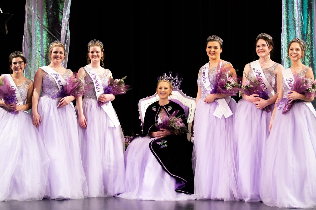 The 2019 Lilac Festival royalty poses for photos at West Valley High School on March 3, 2019. From left to right: Princesses Lilian Kay, Brooke DeRuwe and Grace Cvancara, Queen Madison O’Callaghan, and Princesses Maggie Bailey, Sydney Lyman and Makayla Juntunen. (Libby Kamrowski / The Spokesman-Review)