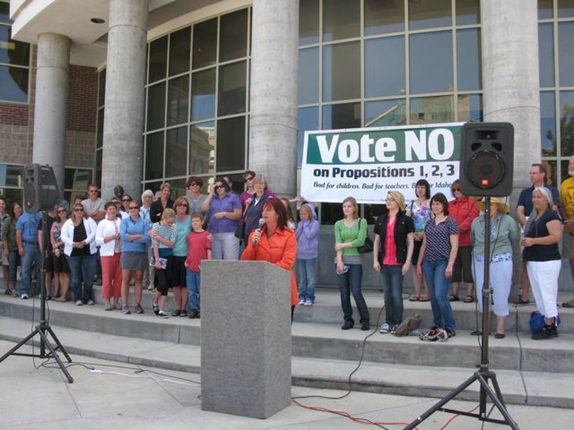 Boise parent Maria Greeley speaks at the campaign launch for the effort to repeal the 