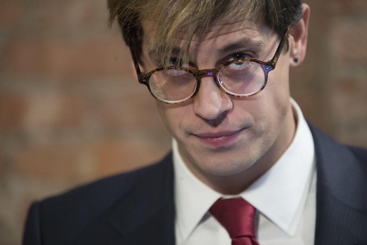 In this Feb. 21, 2017 file photo, Milo Yiannopoulos pauses while speaking during a news conference in New York. (Mary Altaffer / Associated Press)