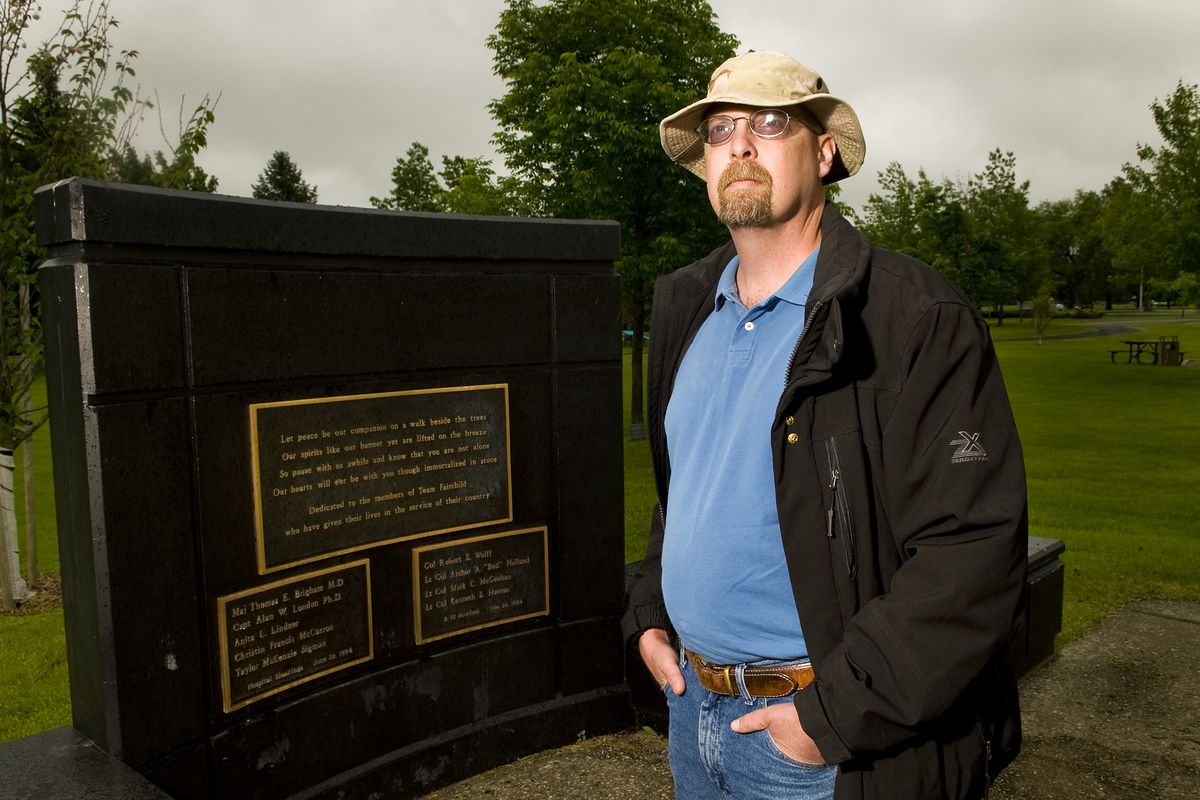 Andy Brown visits the Fairchild Air Force Base memorial in 2010, honoring victims of the 1994 shootings and the B-52 crew that crashed on base four days later. (File)