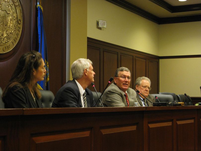 House Speaker Scott Bedke, second from right, addresses reporters at the AP Legislative Preview on Thursday. From left are Senate Minority Leader Michelle Stennett and Senate President Pro-Tem Brent Hill; at right is House Minority Leader John Rusche. (Betsy Russell)