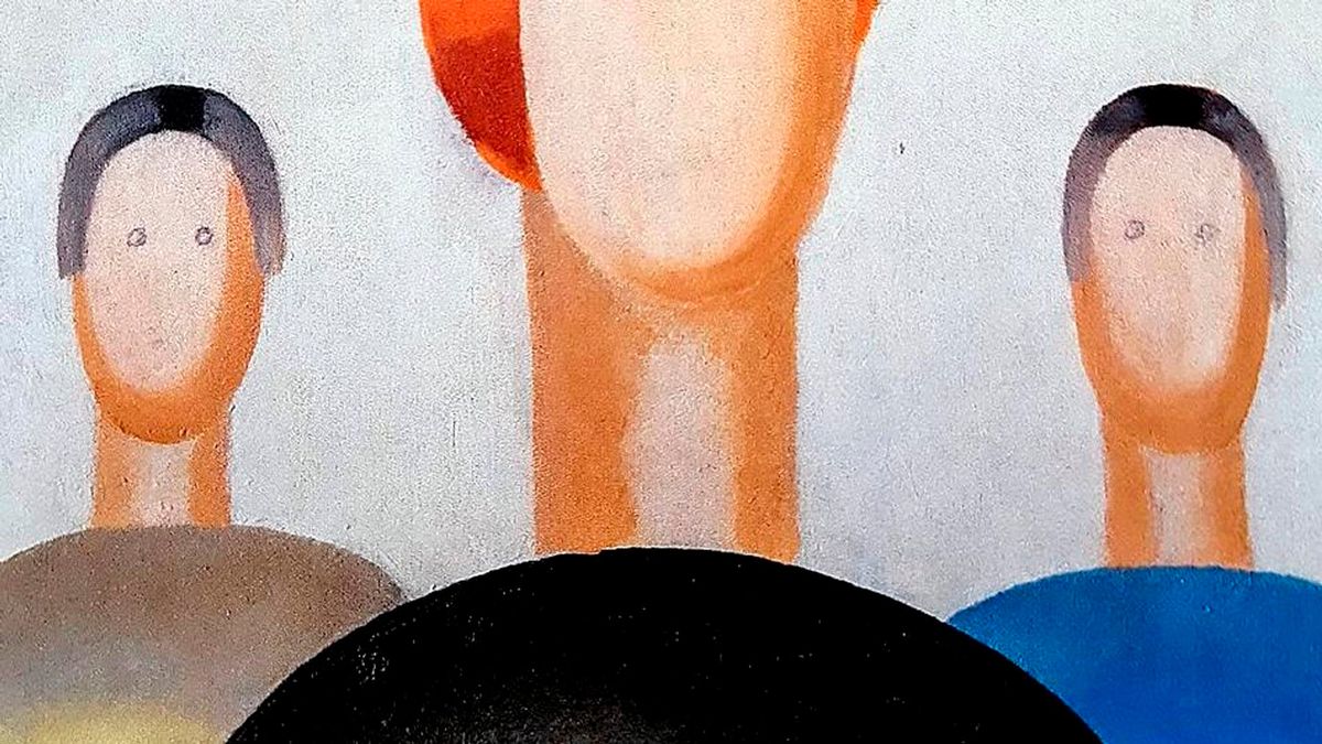 A fragment of the painting “Three Figures” by Anna Leporskaya after the act of vandalism occurred Dec. 7 at The Yeltsin Center in Yekaterinburg, Russia. A Russian gallery says one of its security guards has vandalized an avant-garde painting on loan from the country’s top art repository. (HONS)
