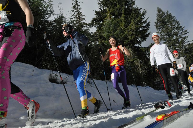 Lauren Potyk and other teen skiers showed the old timers how to go with the flow of unseasonably warm weather on Mount Spokane during the 37th annual Spokane Langlauf cross-country citizens race on Feb. 8, 2015. (Rich Landers)