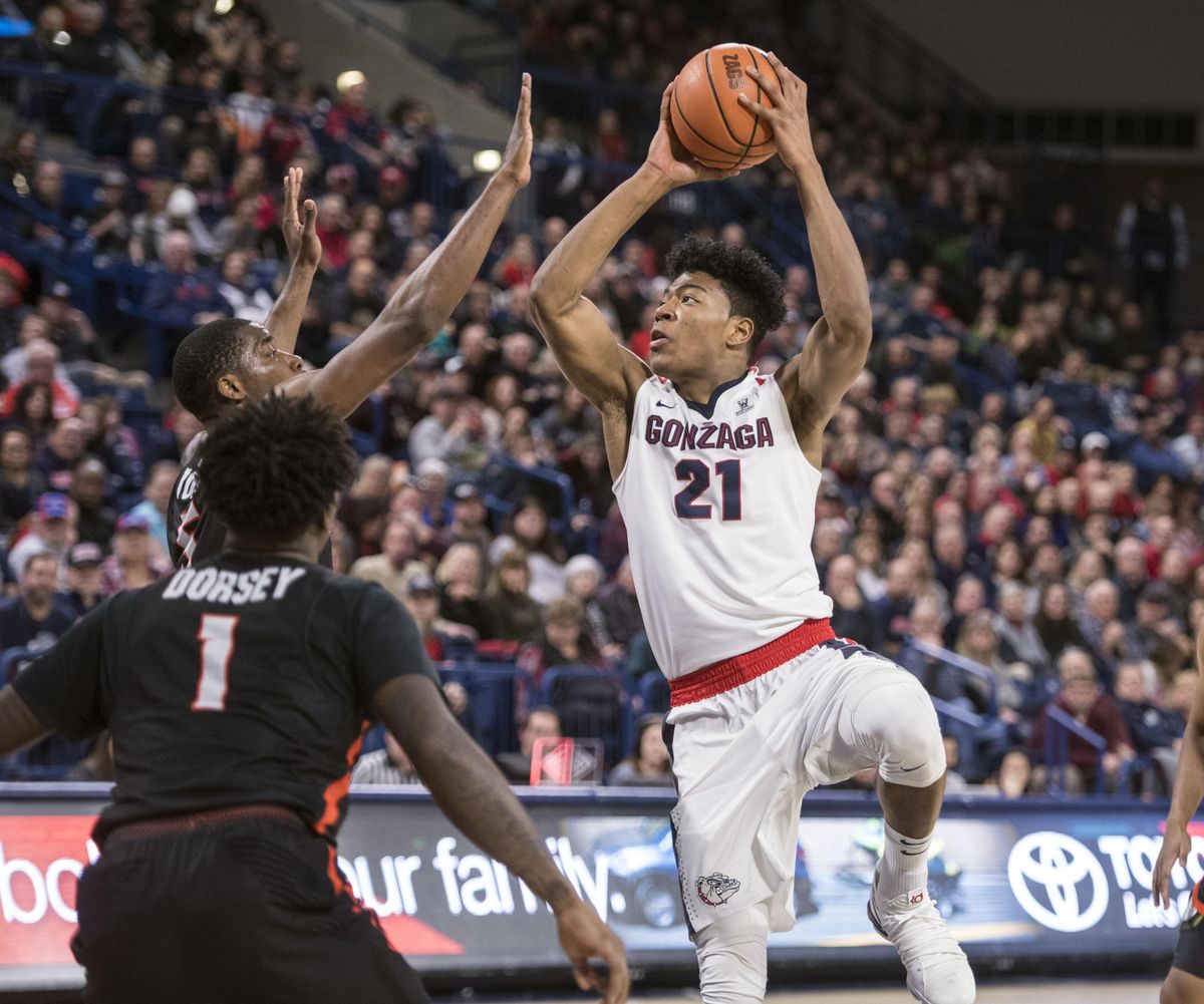 Gonzaga forward Rui Hachimura (21) shoots over over Pacific forward Anthony Townes, on Thursday, Dec. 28, 2017, at the McCarthey Athletic Center. (Dan Pelle / The Spokesman-Review)