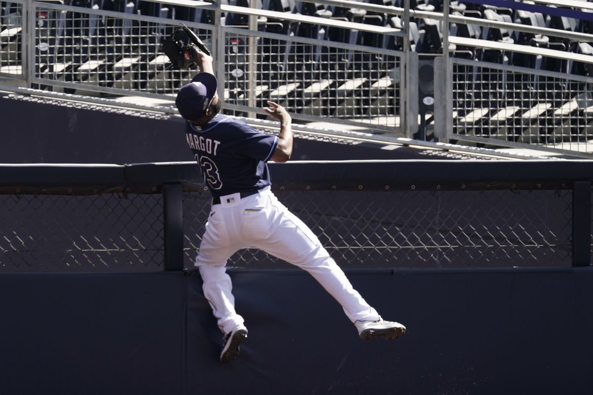 Tampa Bay Rays right fielder Manuel Margot reaches over a right field wall after catching a foul ball by Houston Astros center fielder George Springer Sunday in San Diego. (Jae C. Hong)