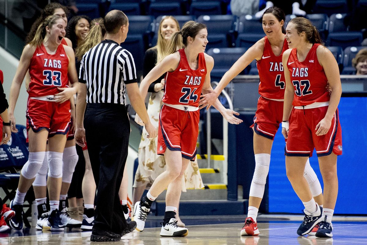 Gonzaga players celebrate around guard Katie Campbell (24) after she was fouled on her three-pointer during an NCAA college basketball game against BYU, Thursday, Jan. 2, 2020 in Provo, Utah. (Isaac Hale / AP)