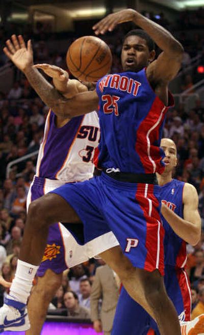
Detroit's Amir Johnson, right, has his shot blocked from behind by the Suns' Grant Hill.Associated Press
 (Associated Press / The Spokesman-Review)