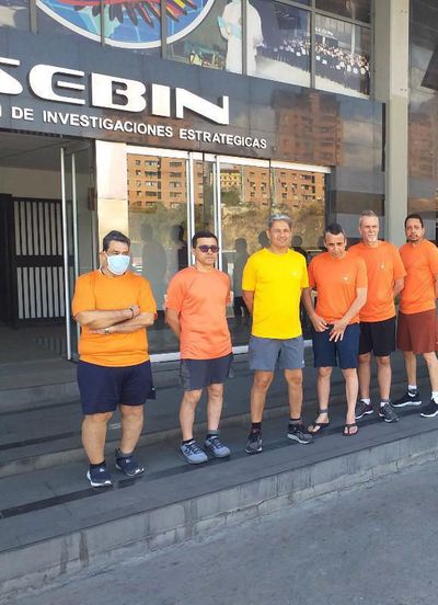 This undated photo posted on Twitter on June 18, 2020 by Venezuela's Foreign Minister Jorge Arreaza, shows CITGO oil executives Jose Angel Pereira, from left to right, Gustavo Cardenas, Jorge Toledo, Jose Luis Zambrano, Tomeu Vadell and Alirio Jose Zambrano, standing outside the Bolivarian National Intelligence Service, in Caracas, Venezuela. The men have been jailed for over two years since officials under Venezuelan President Nicolas Maduro asked them to travel from the Houston-based CITGO headquarters for a meeting, when they were arrested.  (HOGP)