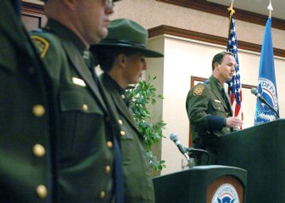 
Chief Patrol Agent Robert Harris speaks at a change of command ceremony Thursday. Harris will be in charge of the Spokane sector's 300-plus miles of U.S. border with Canada. 
 (Joe Barrentine / The Spokesman-Review)