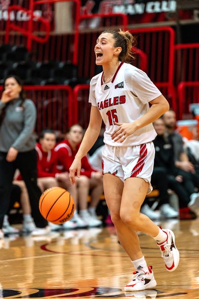 Eastern Washington guard Jamie Loera directs traffic against Portland State on Monday at Reese Court in Cheney.  (Courtesy of EWU Athletics)