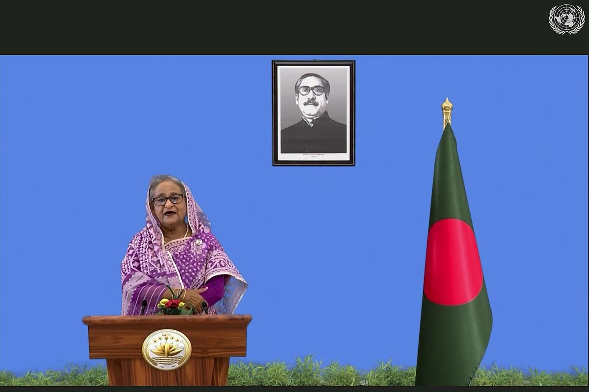 In this photo made from UNTV video, Sheikh Hasina, Prime Minister of Bangladesh, speaks in a pre-recorded message which was played during the 75th session of the United Nations General Assembly, Saturday, Sept. 26, 2020, at UN Headquarters.  (HONS)