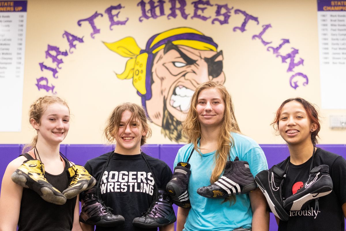 Rogers wrestlers, from left, Savannah Taylor, Ellabelle Taylor, Viktoriya Dovhoruka and Yadira Covarrubias are preparing for this weekend’s Mat Classic XXXIV in Tacoma.  (Madison McCord/For The Spokesman-Review)