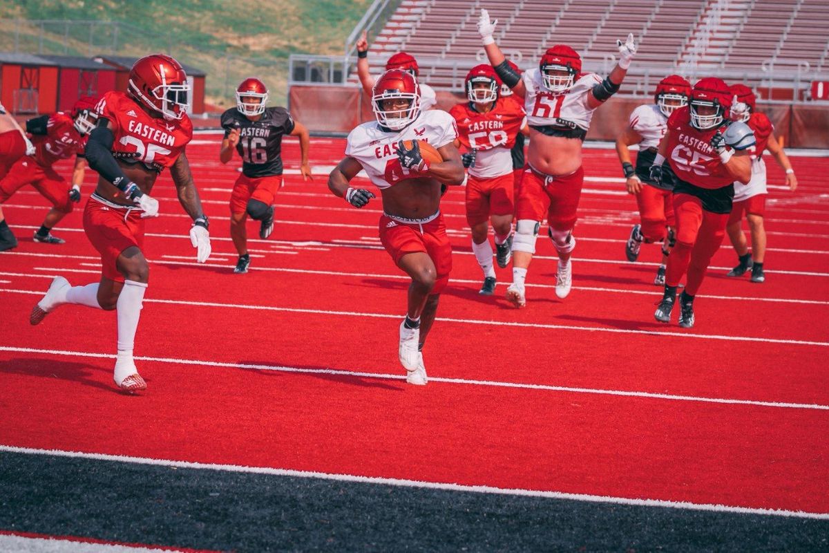 Eastern Washington running back Davante Smith scores a touchdown during the Eagles’ scrimmage on Friday, Aug. 19, 2022 at Roos Field in Cheney, Wa.  (Courtesy Braeden Harlow/EWU Athletics)