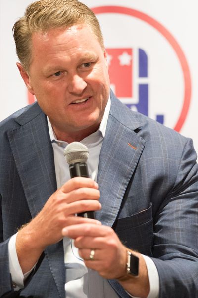 Tommy Ahlquist speaks during a forum meeting for Idaho candidates for governor hosted by Idaho GOP on Friday, July 21, 2017, at the Best Western in Coeur d'Alene, Idaho. (Tyler Tjomsland / The Spokesman-Review)