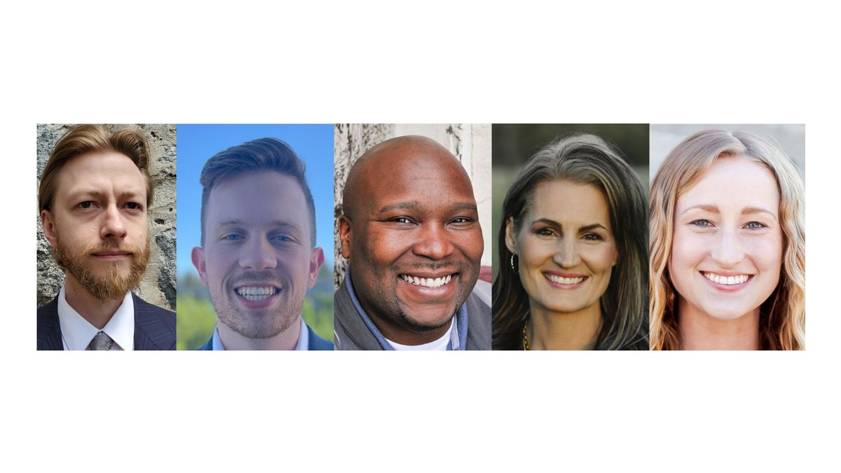 Candidates for Spokane School Board No. 4 are Corstian Dehle-Jones, left, Riley Smith, Rion Ametu, Kata Dean and Culzean Fairley. 