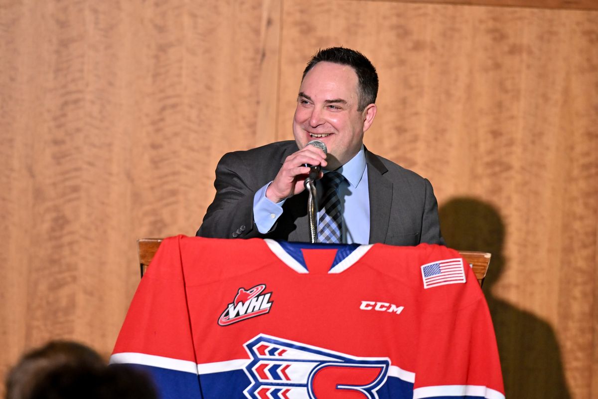 The Spokane Chiefs’ new General Manager Matt Bardsley speaks during a press conference on Tuesday, May 3, 2022, at Spokane Arena in Spokane, Wash.  (Tyler Tjomsland/The Spokesman-Review)