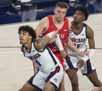 Gonzaga freshmen Julian Strawther, left, and Dominick Harris, who scored eight points apiece, box out Dixie State’s Trevon Allfrey on Tuesday.  (Jesse Tinsley/THE SPOKESMAN-REVI)