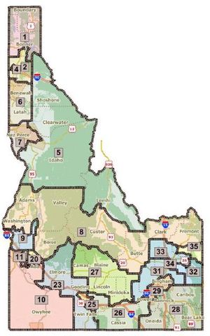 This is one of the Idaho legislative redistricting plans submitted by members of the public; plan L-10 was designed to give urban, suburban and rural residents different lawmakers to represent their differing interests, but also creates a district that sweeps from Washington County on the Oregon border to Fremont County on the Wyoming border.