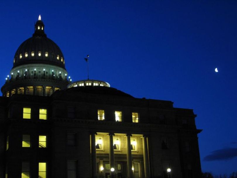 A plump little slice of moon hangs in the sky next to Idaho's state capitol as March 8th dawns, the 57th legislative day and the opening of the filing period for all state offices - including every seat in the Legislature. (Betsy Russell)