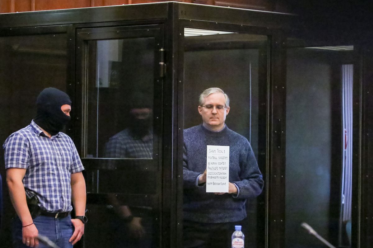 Paul Whelan, a former U.S. marine who was arrested for alleged spying, listens to the verdict in a courtroom at the Moscow City Court in Moscow, Russia, Monday, June 15, 2020. The Moscow City Court on Monday convicted Paul Whelan on charges of espionage and sentenced him to 16 years in maximum security prison colony. Whelan has insisted on his innocence, saying he was set up. The U.S. Embassy has denounced Whelan