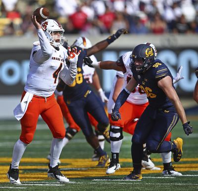 Idaho State quarterback Tanner Gueller, pictured in a Sept. 15 file photo, threw eight touchdowns in the Bengals’ win over Idaho on Saturday in Pocatello. (Ben Margot / AP)