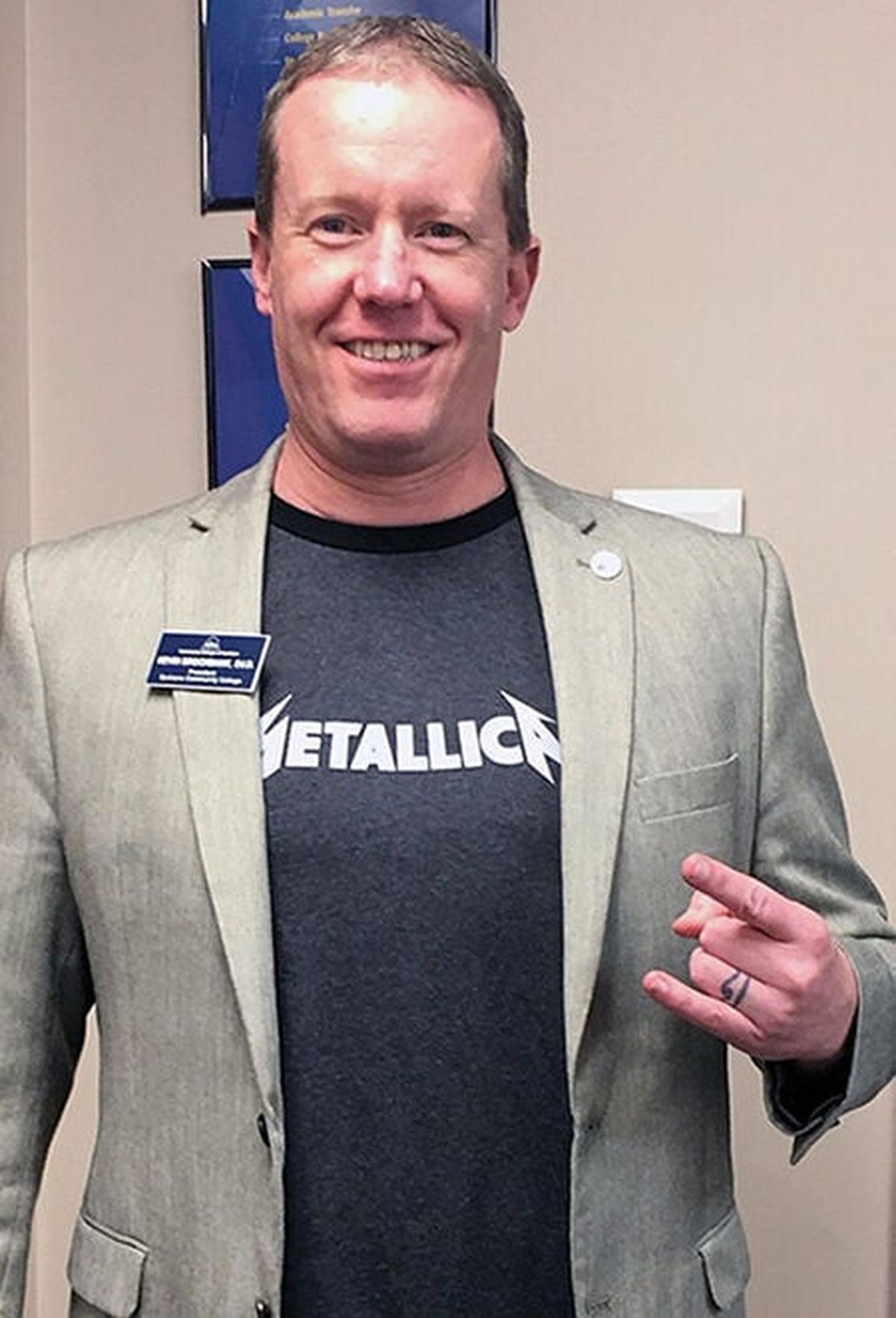 Then SCC Chancellor and Metallica fan Kevin Brockbank from 2019 when the college first received $100,000 from the band’s foundation.  (Courtesy Jeff Bunch)