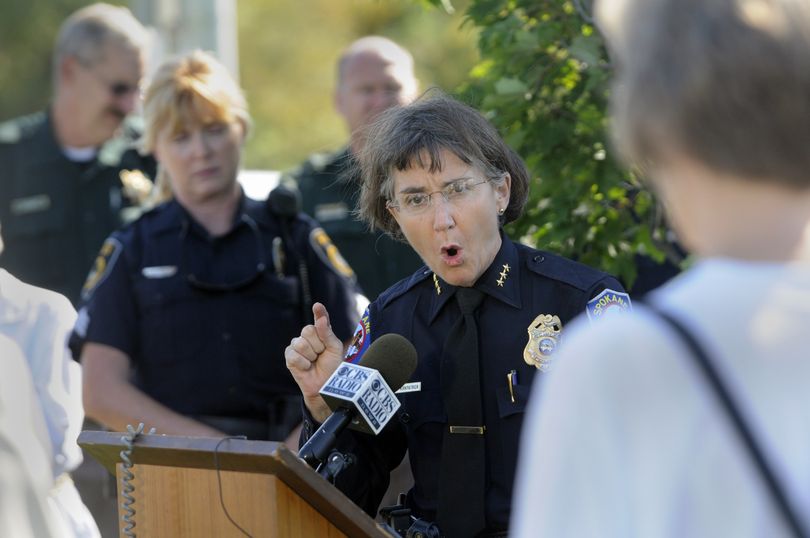 Spokane Police Chief Anne Kirkpatrick emphasizes her department's commitment to protecting citizens from racist harrassment at a press conference Friday, Aug. 21, 2009 near the state line. A press conference was held by law enforcement and human rights organizers to combat the recent distribution of racist flyers.   JESSE TINSLEY jesset@spokesman.com (Jesse Tinsley / The Spokesman-Review)