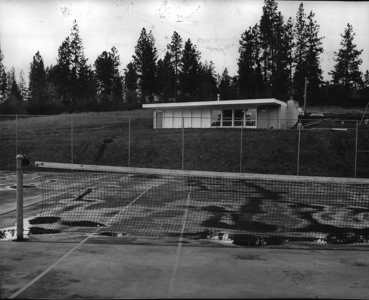 Shown as it looks from the tennis courts is the first level of the new Spokane Racquet Club in 1963. Clubhouse off Seventeenth two blocks east of Havana. It has a lounge, men