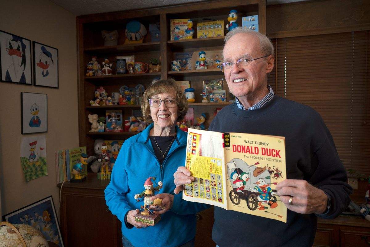 Dennis Jones has loved Donald Duck since reading the comic books in the early 1950s. For many years he and his wife Sharon have collected Donald Duck items at flea markets, antique stores and wherever they could find them. The framed drawings on the wall at far left are by their granddaughter, Kaiya Sollie, a college student at Eastern Washington University.  (Jesse Tinsley/THE SPOKESMAN-REVIEW)