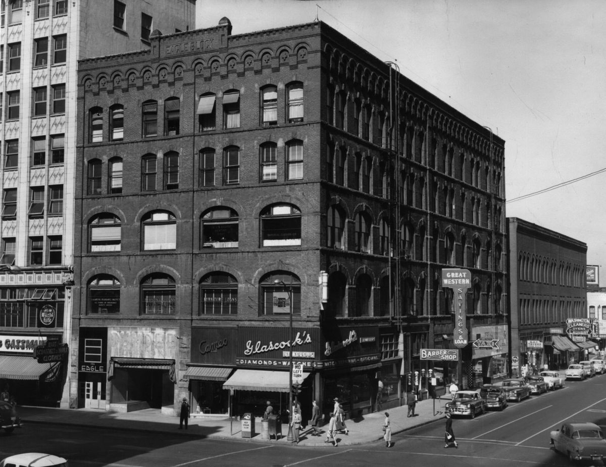 1952: The five-story 1890 Eagle building, one of Spokane’s downtown landmarks, was razed in 1953 to make way for a two-story modern building for the First National Bank. The previous Eagle building was destroyed in the 1889 fire and rebuilt in about six months.  (Spokesman-Review Photo Archives)