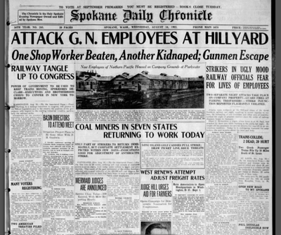 Railroad worker Elmer Richardson of St. Paul said he was working on a cinder pile near the Hillyard roundhouse at night when three men came over a bank, shouted a racial slur (Richardson was Black) and attacked him, the Spokane Daily Chronicle reported on Aug. 16, 1922.  (Spokesman-Review archives)