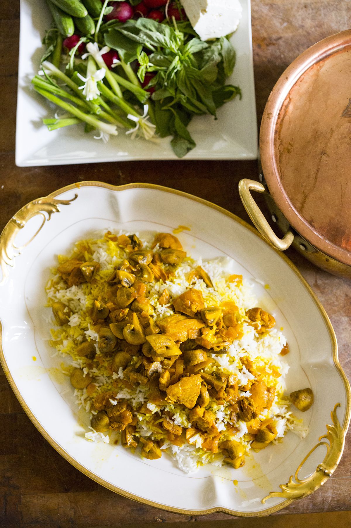 Topped over Persian steamed rice, Persian mushroom and saffron stew is a delicious mix. (Sylvia Fountaine)