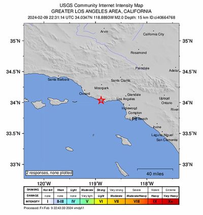 A magnitude 4.6 earthquake struck near Malibu on Friday and was felt across a wide swath of Southern California.    (United States Geological Survey/TNS)